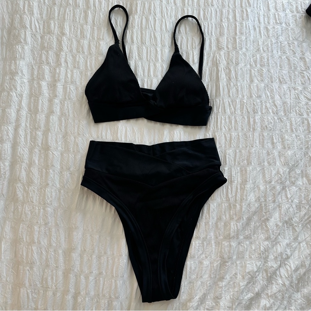 Aerie High Cut Cheeky Black Ribbed Crossover Bikini Set Bottoms Top Small Swim S - Picture 5 of 11